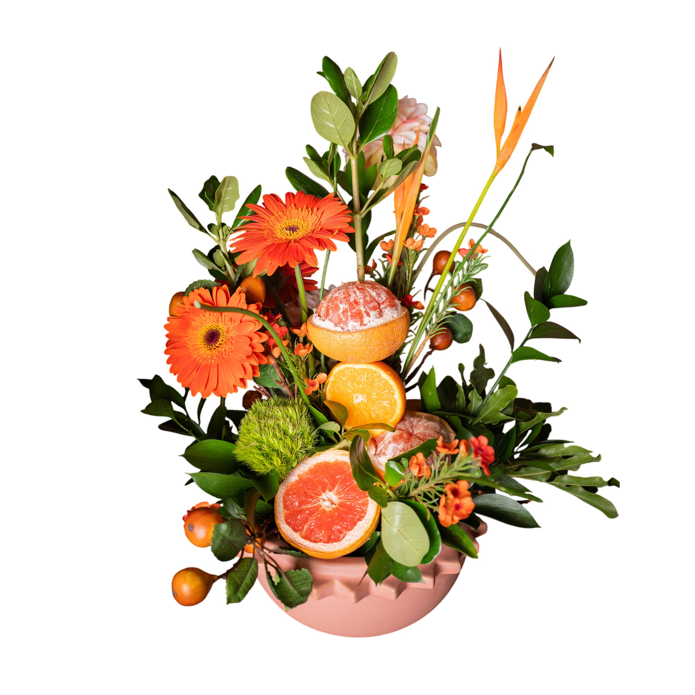 Arreglo Floral Natural Néctar – Gerberas, Avecillas, Pompones Verdes, Toronja e Higos