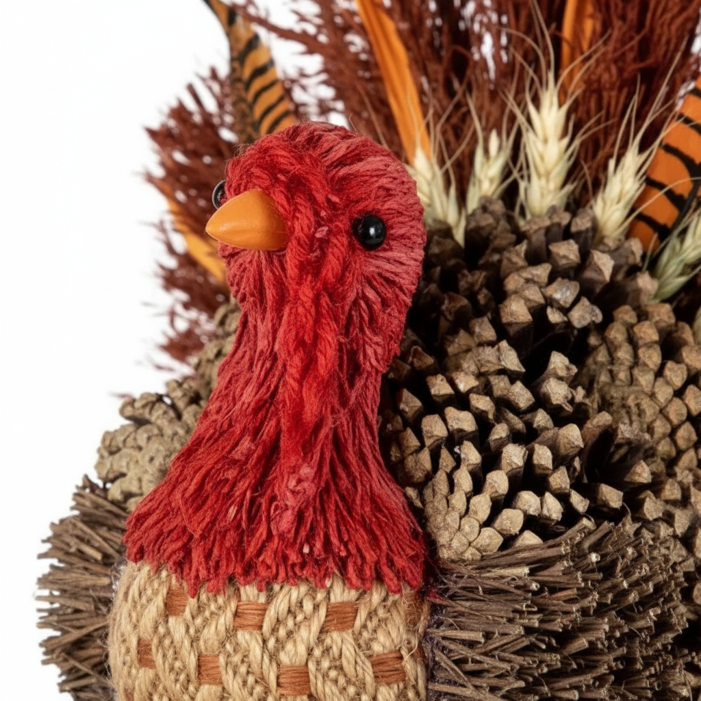 Zoom detalle figura decorativa pavo artesanal sisal piñas plumas faisán 30cm Acción de Gracias Thanksgiving Caracas
